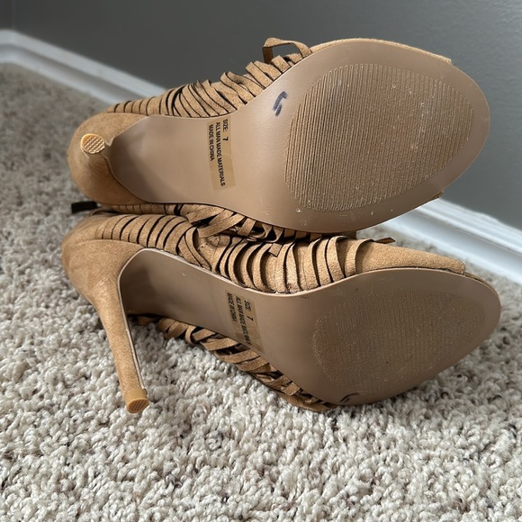 Tan fringed high heels Charlotte Russe brown booties open toe stilettos - Picture 3 of 6
